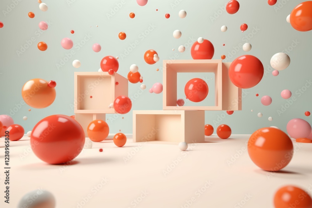 Poster abstract 3d render featuring colorful spheres interacting with geometric structures, creating a play