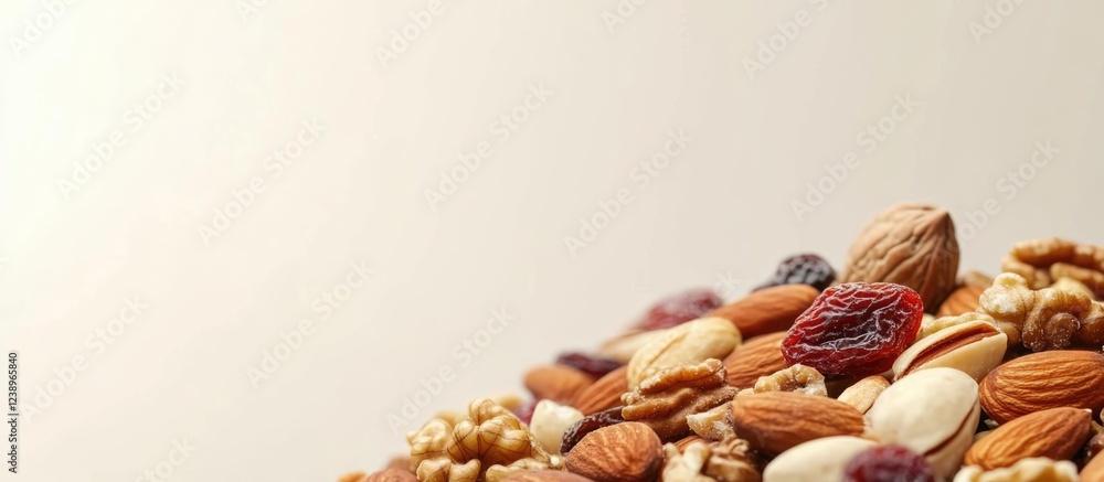 Aufkleber mixed nuts and dried fruits on a neutral background with ample copy space for text placement