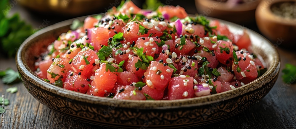 Aufkleber fresh diced watermelon salad with herbs and sesame seeds in a decorative bowl on a wooden surface wi