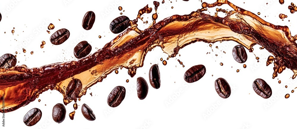 Poster coffee splash with coffee beans on white background, dynamic fluid motion, copy space for text inser