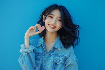 Full body of cheerful beautiful Asian woman showing mini heart sign on blue background, love concept