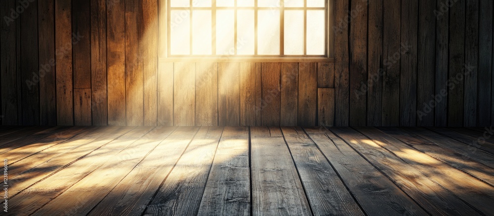 Aufkleber sunlight streaming through window in rustic wooden room with floorboards and soft shadows copy space