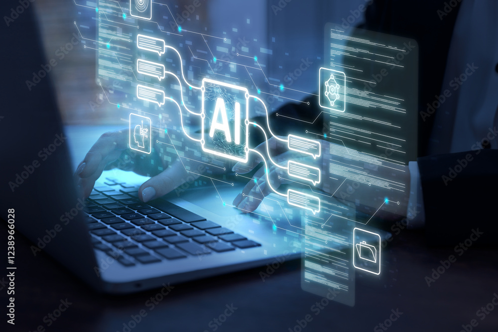 Poster artificial intelligence. woman using laptop at table, closeup. scheme with ai and other icons over c