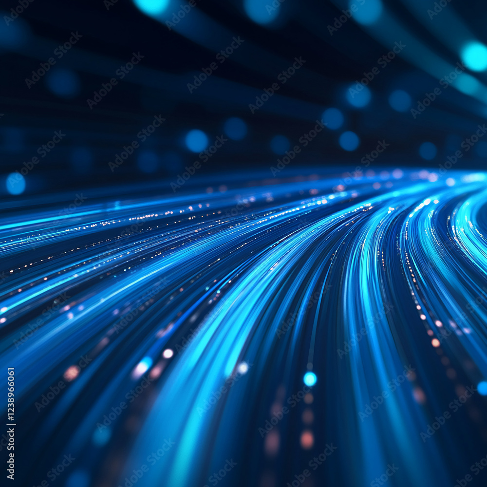 Poster Blue glowing light streaks and abstract motion effect, representing speed, technology, or futuristic digital data transfer. The glowing particles create a sense of dynamic movement.