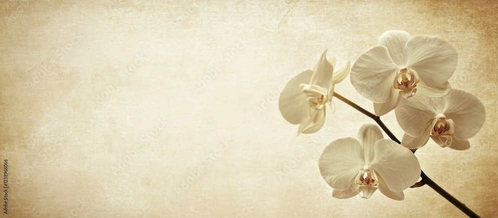 Poster white orchid flowers on a textured beige background with ample copy space for text.