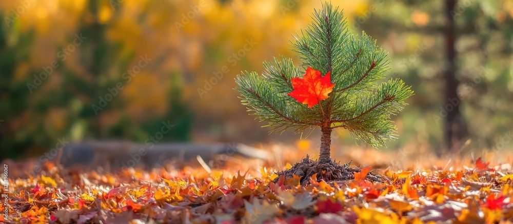 Aufkleber small pine tree with vibrant red maple leaf surrounded by colorful autumn foliage in a natural setti