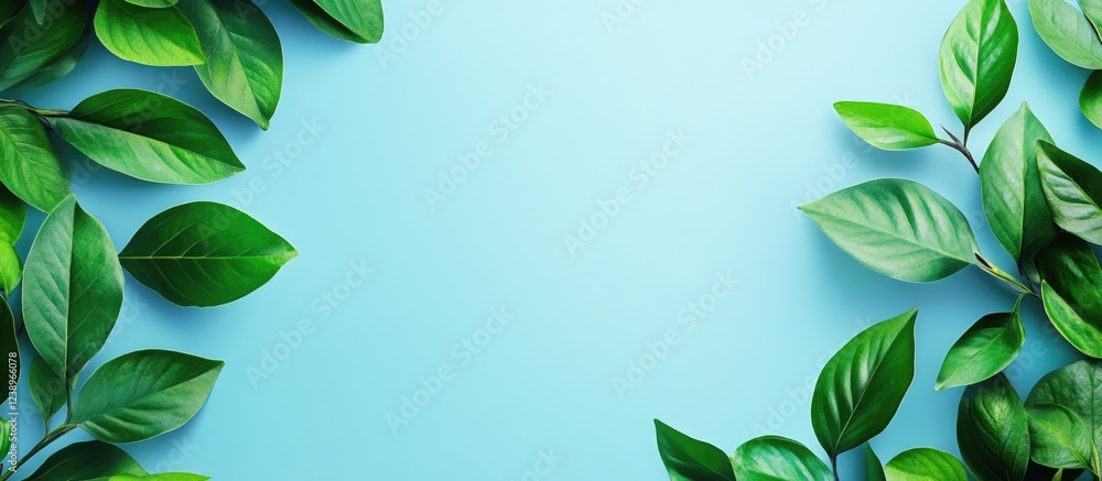 Aufkleber Green leaves arranged on a light blue background with ample copy space for text placement. Ideal for natural themes and design needs.