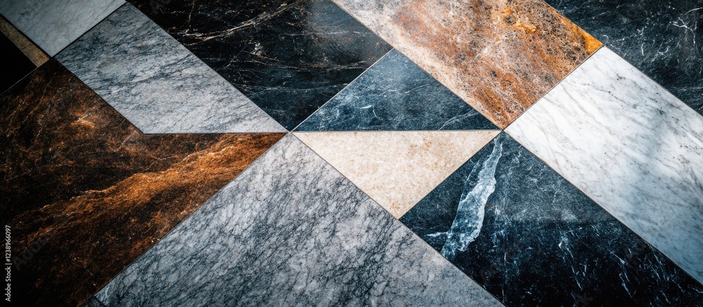 Aufkleber Colorful geometric marble floor tiles with mixed patterns and textures suitable for interior design or architecture backgrounds. Copy Space