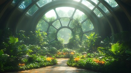Sunlit indoor jungle path, futuristic dome, plant growth, botanical garden