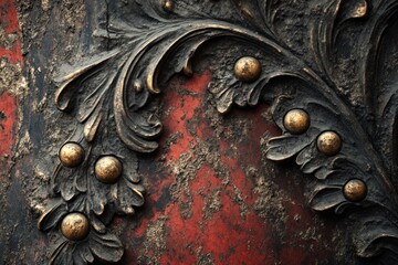 Detailed close up reveals rusty metal with decorative leaf patterns and golden accents, showcasing the passage of time and decay
