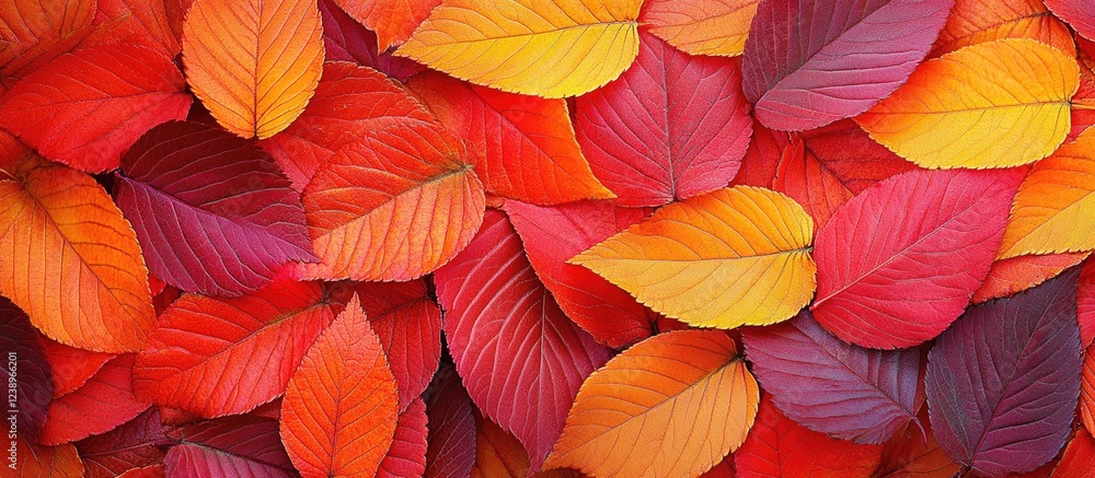 Poster colorful autumn leaves in various shades of red, orange and yellow arranged in a flat layout with co
