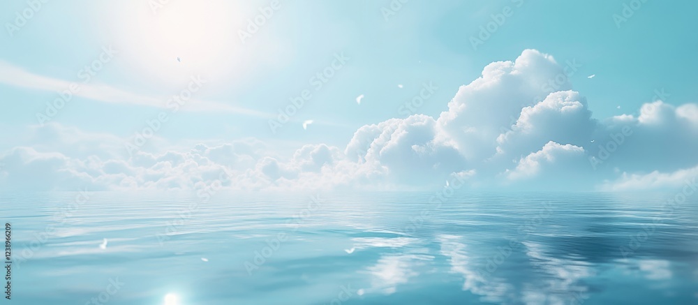 Poster Serene blue ocean with soft clouds under bright sky reflected in calm water with ample Copy Space.