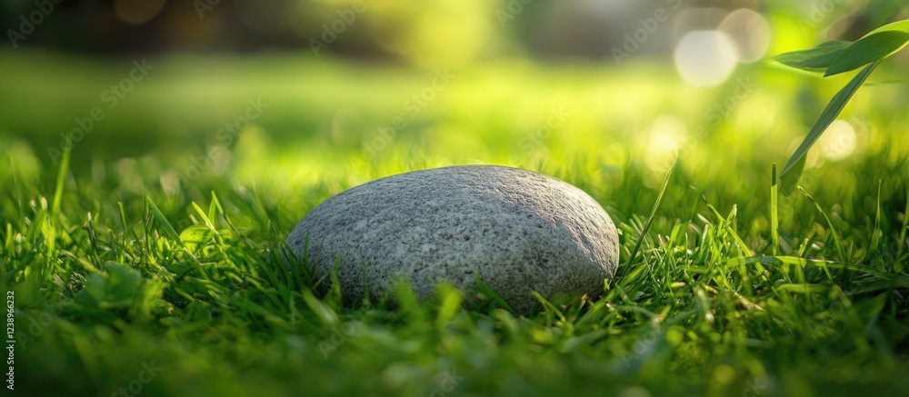 Poster smooth gray stone on vibrant green grass with soft sunlight in the background copy space