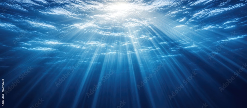 Poster underwater scene with sunlight rays penetrating the surface of clear blue ocean water with gentle wa