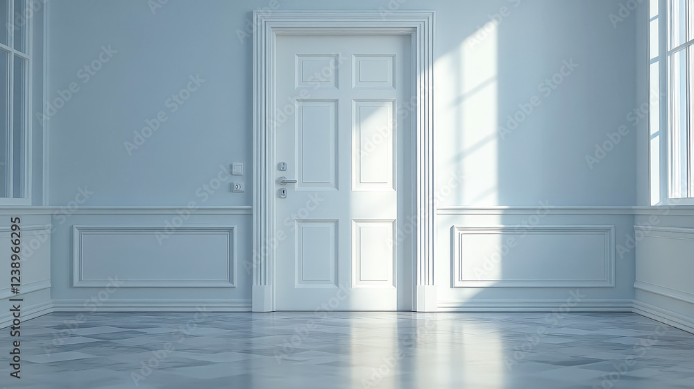 Poster Sunlight filters through large windows in a minimalist room, casting gentle shadows on the floor by an elegant white door