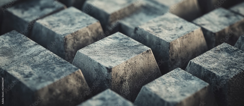 Aufkleber Close-up texture of uneven gray metallic blocks with a weathered surface and soft shadows, ideal for industrial or abstract backgrounds, Copy Space