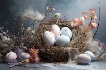 Pastel colored easter eggs decorated with gold foil sitting in a bird nest surrounded by spring flowers and feathers