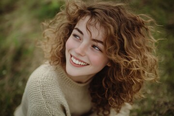 smiling beautiful young woman with curly hair and beige pullover