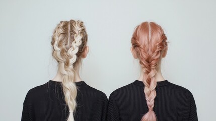 Fototapeta premium Two Stylish Women with Braided Hairstyles from Behind Facing Camera