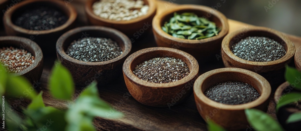 Poster variety of spices in wooden bowls arranged on a table surrounded by green leaves with natural lighti