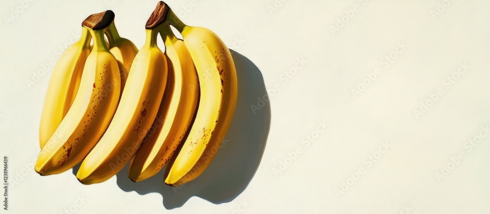 Poster bunch of ripe yellow bananas arranged on a light background with clear copy space