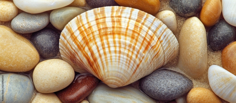 Poster colorful seashell surrounded by various smooth pebbles on sandy surface with copy space for text ins