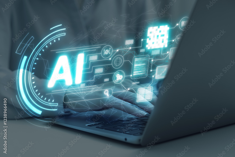 Poster artificial intelligence. woman using laptop at table, closeup. scheme with ai and other icons over c