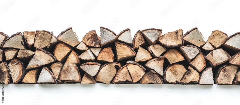 Poster stacked logs of firewood with varying shapes and textures on a white background, suitable for natura