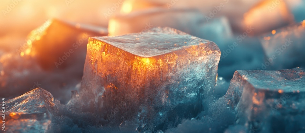 Poster close-up view of ice cubes with warm light reflections showcasing sharp edges and textures against a