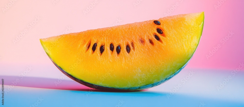 Poster slice of cantaloupe watermelon with black seeds on pink and blue background with copy space