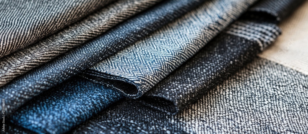 Poster close-up of folded fabric samples in various textures and colors showcasing patterns including herri