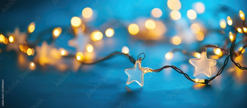Poster String lights with star-shaped decorations glowing on a blue background festive mood with bokeh effect Copy Space