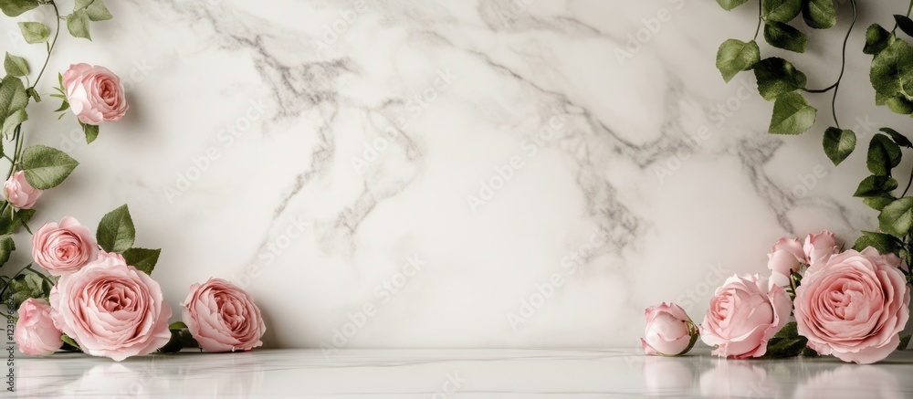 Poster pink roses and greenery on marble background with reflective surface and ample copy space for text p