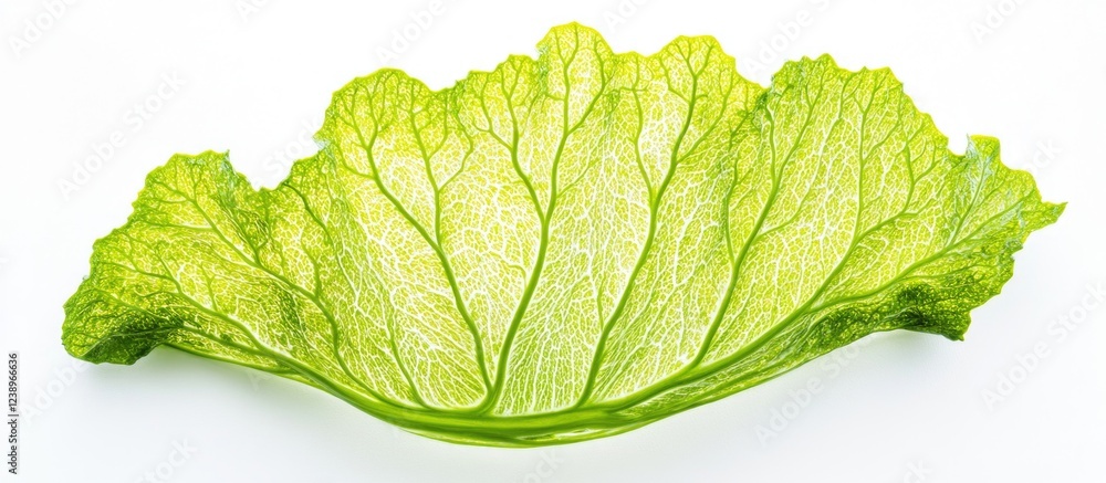 Poster fresh green cabbage leaf with intricate vein patterns isolated on white background. copy space avail