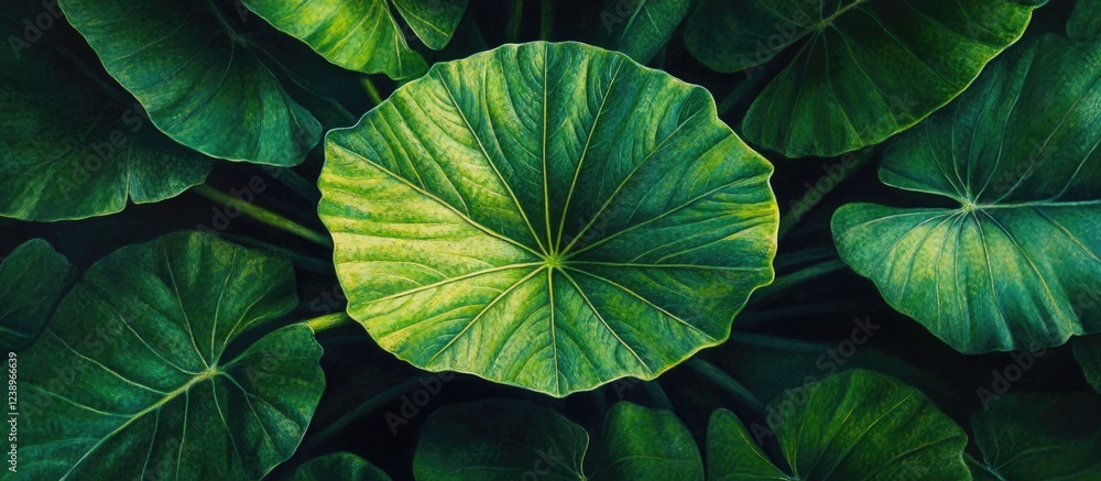 Poster dense green lotus leaves with prominent textures and patterns against a dark background copy space