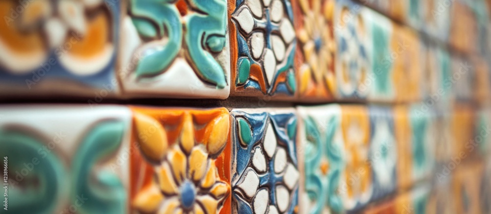 Poster Colorful decorative ceramic tiles in a close-up view showcasing intricate patterns and textures with a focus on warm and cool tones Copy Space