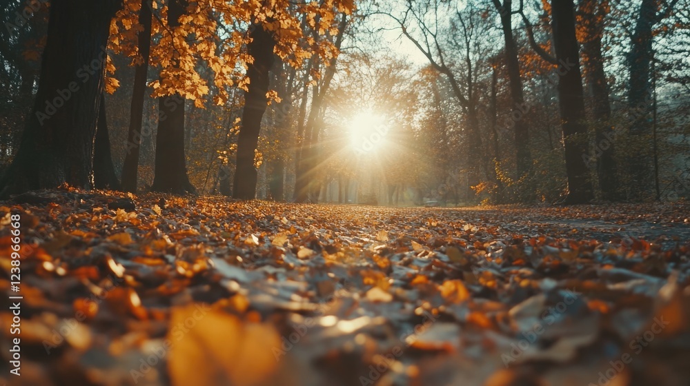 Poster autumn forest path with fallen leaves and sunlight filtering through trees in a tranquil setting cop