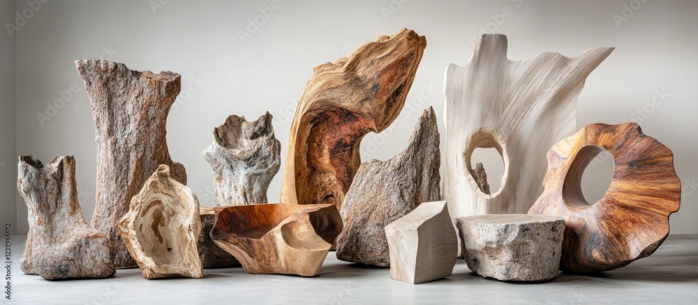 Poster sculptural wooden pieces in various shapes and textures arranged on a neutral background with copy s