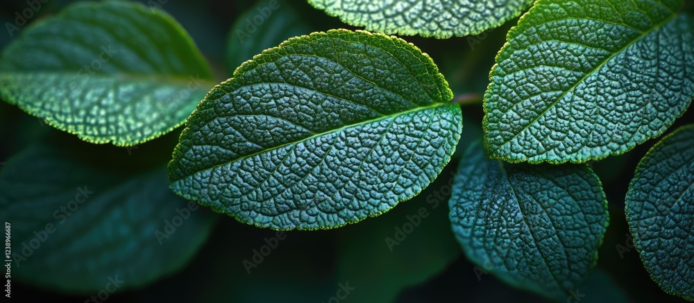 Poster green textured leaves with intricate details and natural lighting against a blurred background suita