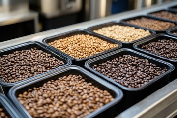 Fototapeta premium Different coffee beans present varying roasting levels, neatly organized in containers for inspection and selection at a coffee facility