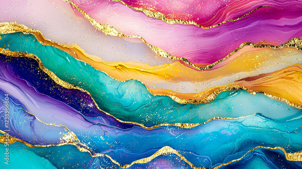 Leinwandbilder This artwork showcases a dynamic blend of flowing colors with gold highlights, creating a mesmerizing wave effect