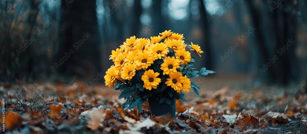 Poster Yellow flowers in a pot surrounded by fallen leaves in a forest setting with blurred background and soft lighting Copy Space