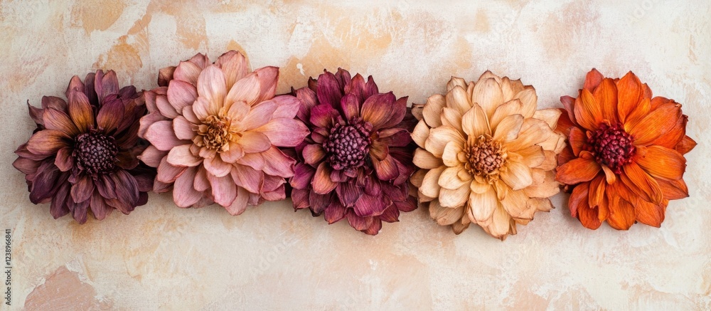 Poster dried flowers in a gradient of colors arranged horizontally on a textured beige background with ampl
