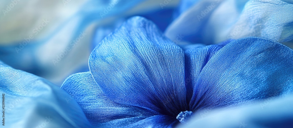 Poster close-up of a blue flower over soft blue fabric background with blurred patterns and textures. copy 