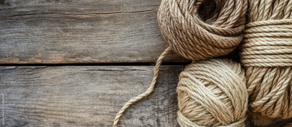 Aufkleber natural jute twine and rope coils on rustic wooden table with copy space for text or design elements