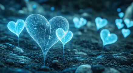 Glowing blue hearts emerge from the dark earth, illuminating the surroundings with a soft light. These enchanting shapes create a whimsical scene