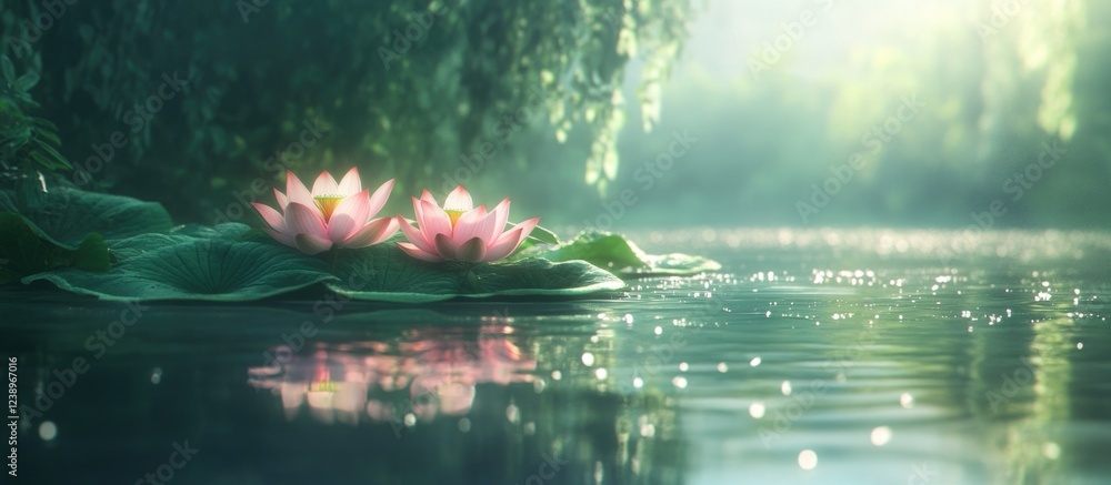 Aufkleber lotus flowers on calm water surface with reflection and soft sunlight in serene natural setting copy