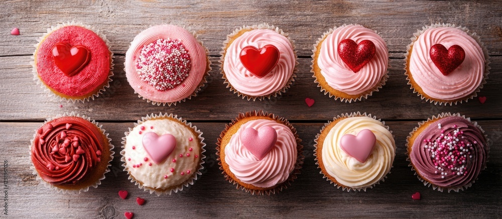 Poster colorful decorated cupcakes with heart-shaped toppings arranged on a wooden background with scattere