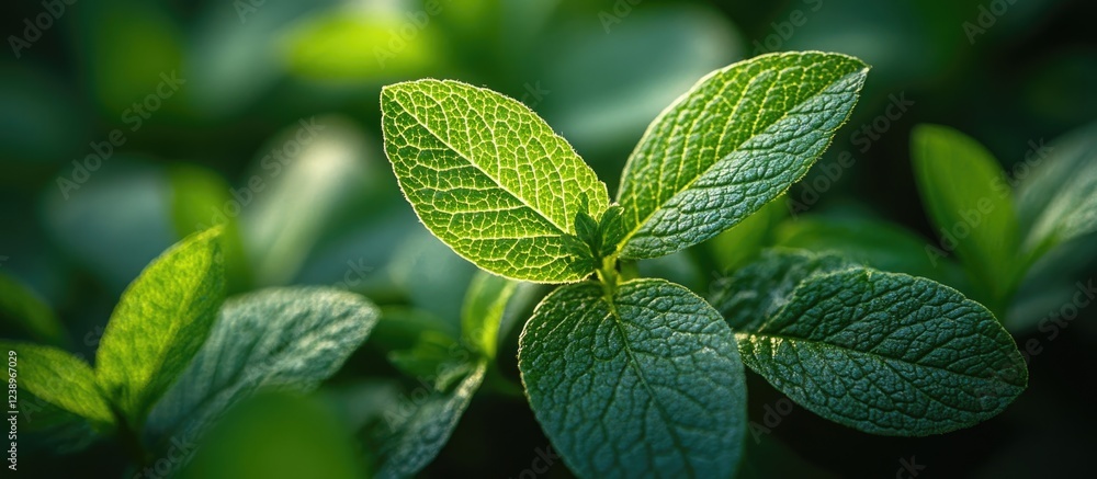 Poster green leaves with detailed texture illuminated by soft lighting in a blurred background with natural