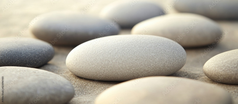 Aufkleber Smooth pebbles arranged on sandy surface with soft light and blurred background for natural design or spa concepts Copy Space